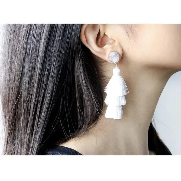 14K Yellow Gold with White Silk Thread Tassel and Quartz Druzy Post Earrings